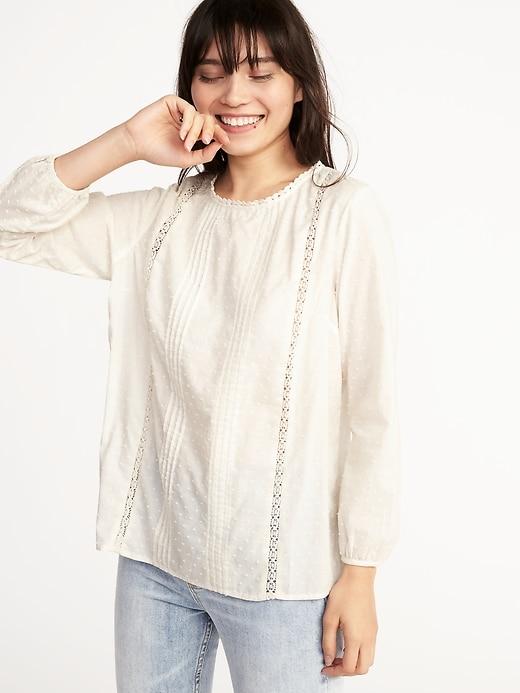Old Navy Womens Relaxed Clip-dot Lace-trim Blouse For Women Creme De La Creme Size S