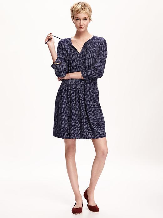 Old Navy Pleated Tie Neck Swing Dress For Women - Navy Blue Print
