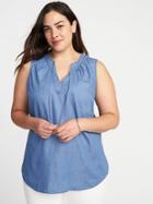 Old Navy Womens Chambray Tie-neck Plus-size Top Chambray Blue Size 1x