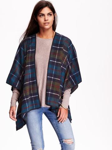 Old Navy Womens Faux Wool Open Front Poncho Size M/l - Teal Plaid