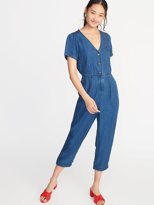 Chambray V-neck Button-front Jumpsuit For Women