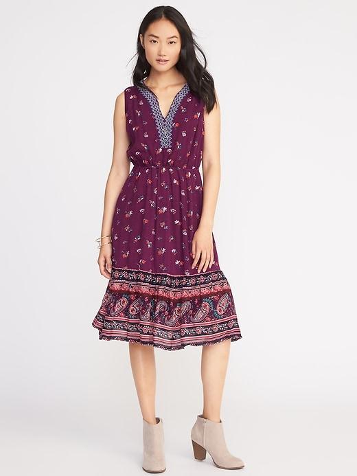 Old Navy Sleeveless Cinched Waist Midi Dress For Women - Purple Print