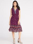 Old Navy Sleeveless Cinched Waist Midi Dress For Women - Purple Print