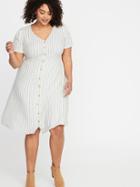 Waist-defined Plus-size Striped Linen-blend Dress