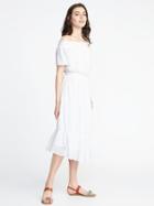 Old Navy Womens Waist-defined Off-the-shoulder Crinkle-gauze Midi Dress For Women White Embroidery Size Xxl
