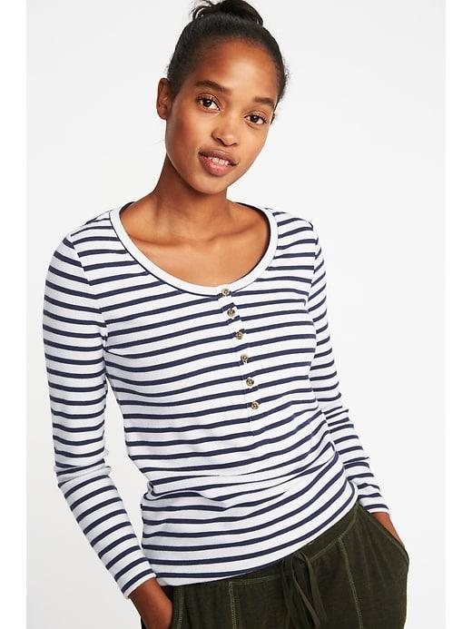 Old Navy Womens Slim-fit Rib-knit Henley For Women White Stripe Size S