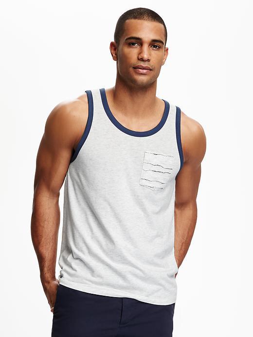 Old Navy Heathered Stripe Pocket Jersey Tank For Men - Heather Oatmeal