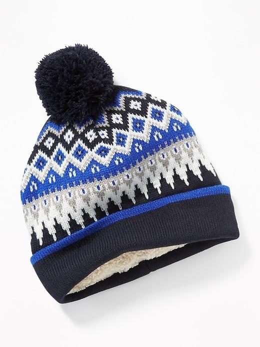 Old Navy Mens Patterned Pom-pom Beanie For Men Navy Blue Fair Isle Size One Size