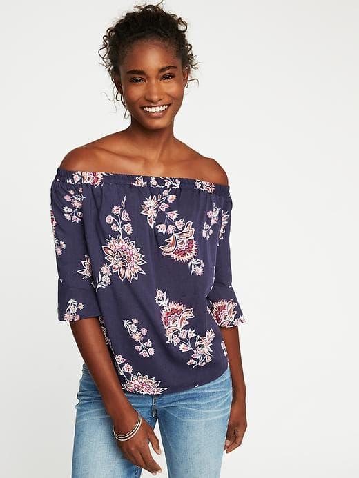 Old Navy Printed Off The Shoulder Swing Top For Women - Navy Blue Print