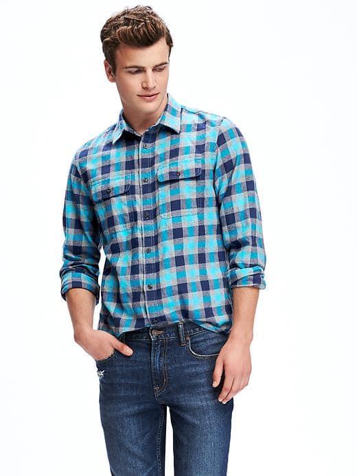 Old Navy Regular Fit Plaid Flannel Pocket Shirt For Men - Blue Showed Up