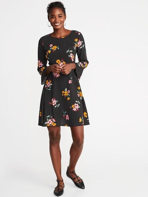 Old Navy Womens Fit & Flare Ruffle-sleeve Dress For Women Black Floral Size Xl