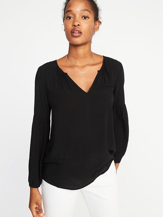 Old Navy Womens Relaxed Split-neck Shirred Blouse For Women Blackjack Size M