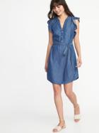 Old Navy Womens Chambray Flutter-sleeve Tie-belt Shirt Dress For Women Dolly Blue Size M