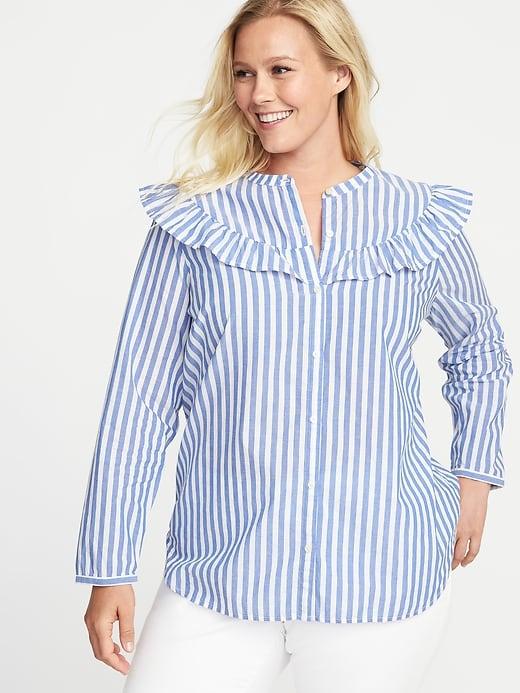 Old Navy Womens Ruffle-trim Plus-size Button-front Shirt Blue Stripe Size 1x