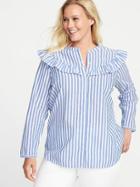 Old Navy Womens Ruffle-trim Plus-size Button-front Shirt Blue Stripe Size 1x