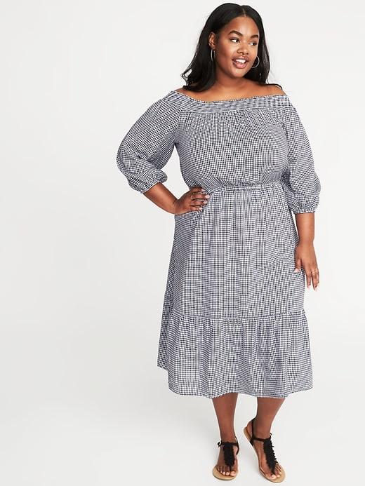 Old Navy Womens Waist-defined Off-the-shoulder Plus-size Gingham Midi Dress Blue Gingham Size 2x