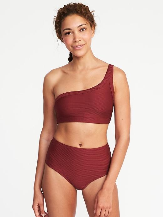 Old Navy Womens Textured-stripe One-shoulder Swim Top For Women Golly Gee Garnet Size Xl