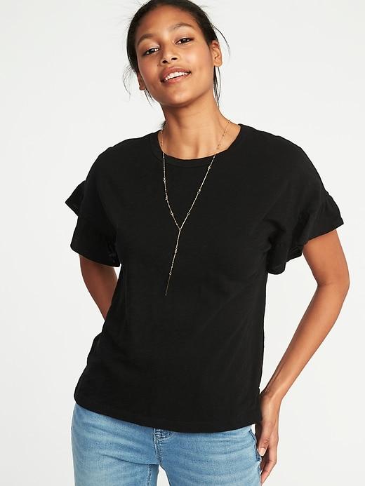Old Navy Womens Ruffle-sleeve Slub-knit Top For Women Black Size Xs