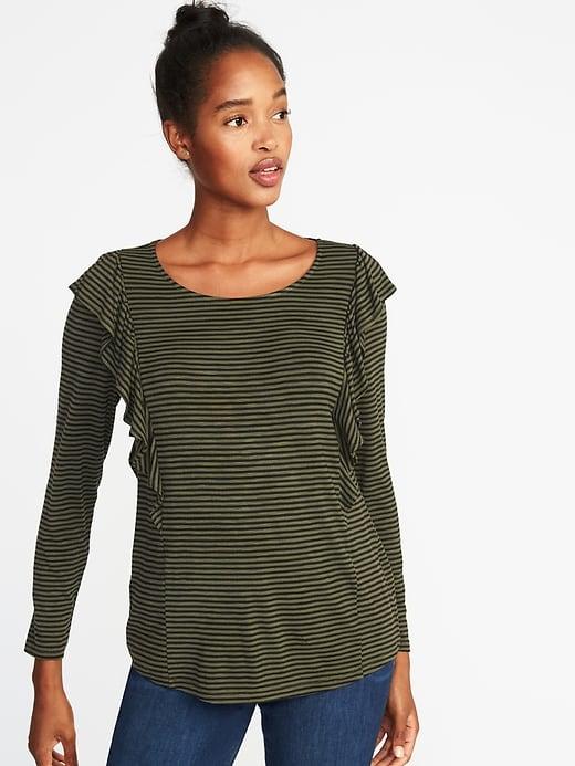 Old Navy Womens Ruffle-trim Slub-knit Top For Women Olive Stripe Size Xs