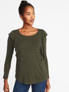 Old Navy Womens Ruffle-trim Slub-knit Top For Women Olive Stripe Size Xs