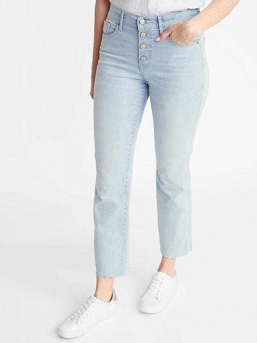 High-rise Secret-slim Button-fly Flare Ankle Rockstar Jeans For Women