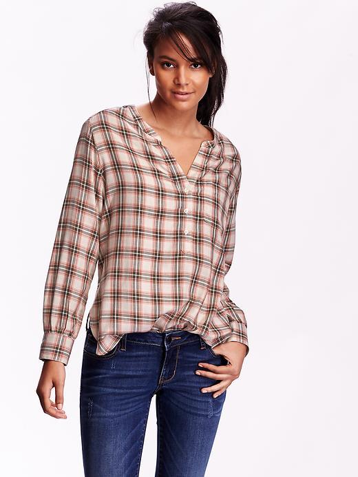 Old Navy Womens Drapey Mandarin Collar Plaid Top Size S Petite - Soft Pink