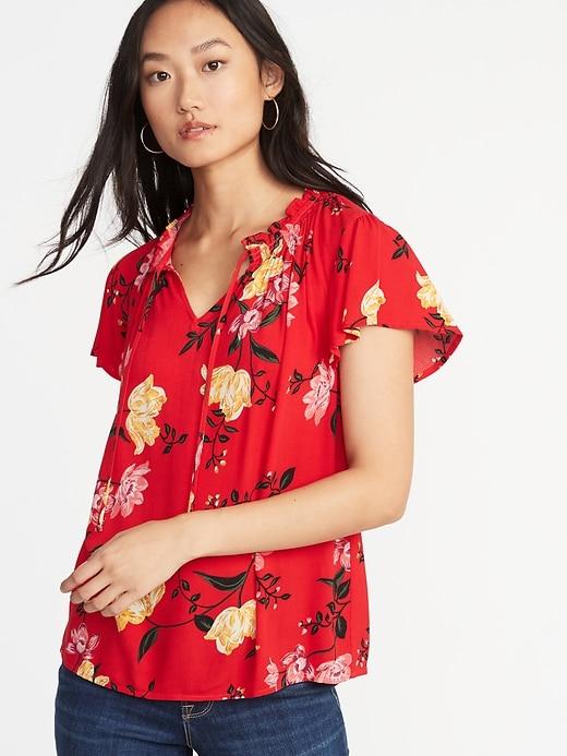 Old Navy Womens Ruffled Tie-neck Floral-print Blouse For Women Red Floral Size Xs
