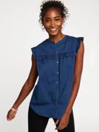 Old Navy Relaxed Ruffle Trim Chambray Shirt For Women - Dark Wash