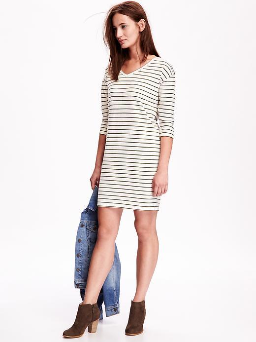 Old Navy Fleece V Neck Shift Dress - Olive Stripe