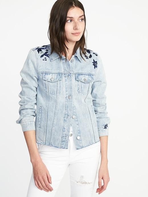Old Navy Womens Floral-embroidered Denim Jacket For Women Light Wash Size Xl
