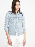 Old Navy Womens Floral-embroidered Denim Jacket For Women Light Wash Size Xl