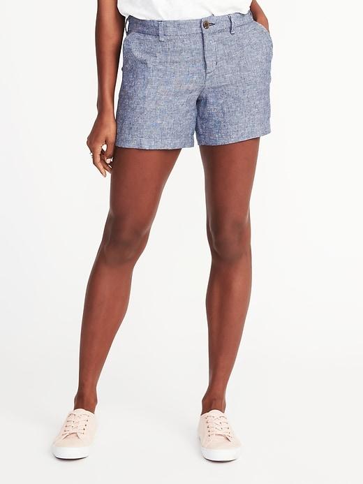 Old Navy Womens Mid-rise Linen-blend Chambray Shorts For Women Chambray Blue Size 0