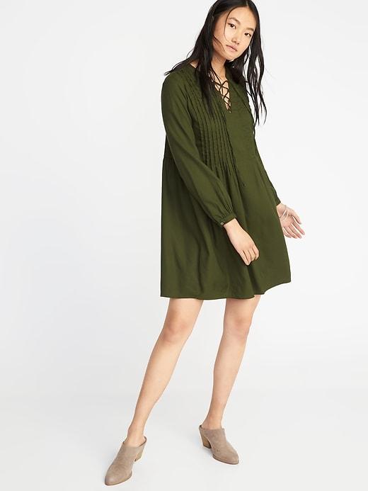 Old Navy Womens Lace-up-yoke Pintuck Swing Dress For Women Matcha Green Size S