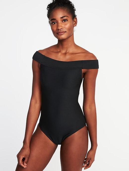 Old Navy Womens Textured Off-the-shoulder Swimsuit For Women Black Size S