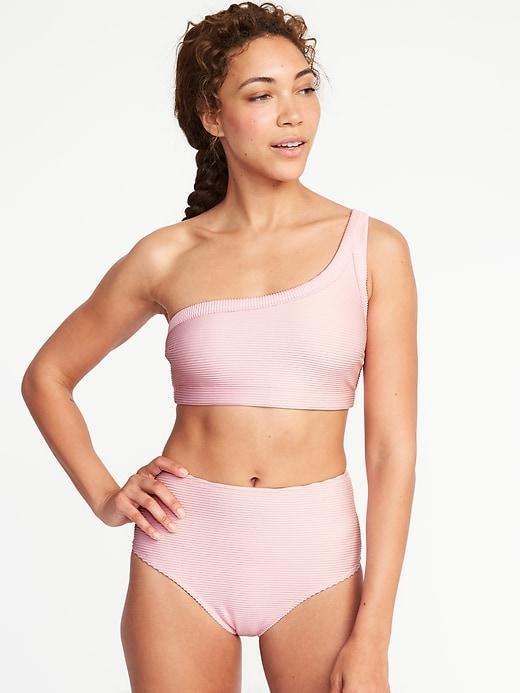 Old Navy Womens Textured-stripe One-shoulder Swim Top For Women Heirloom Roses Size Xl