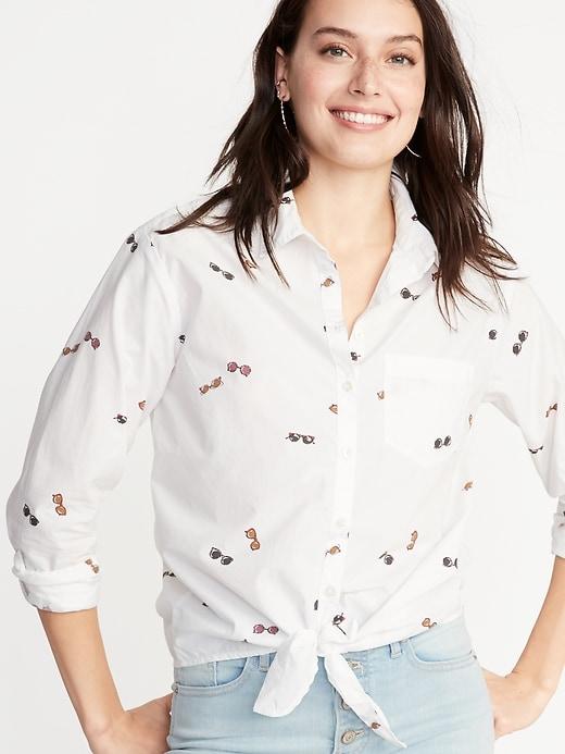 Sunglass-print Tie-hem Shirt For Women