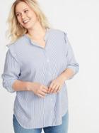 Old Navy Womens Striped Ruffled-shoulder Twill Plus-size No-peek Shirt Blue Stripe Size 1x