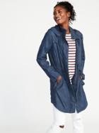 Old Navy Womens Hooded Long-line Chambray Utility Jacket For Women Dark Wash Size L