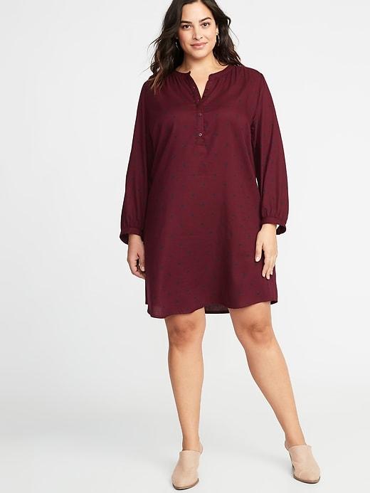 Twill Tie-cuff Plus-size Shirt Dress