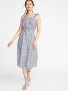 Old Navy Womens Waist-defined Ruffle-trim Midi Dress For Women White & Blue Stripe Size Xxl