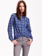 Old Navy Classic Fit Banded Collar Shirt - Blue/blue Plaid