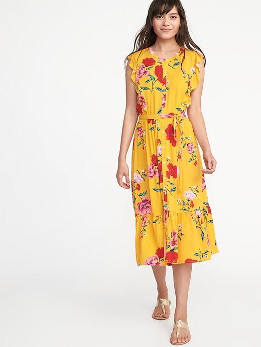 Old Navy Womens Ruffle-trim Tie-belt Shirt Dress For Women Yellow Floral Size S