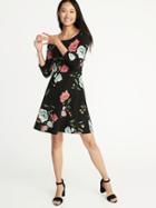 Old Navy Womens Fit & Flare 3/4-sleeve Jersey Dress For Women Black Floral Size S