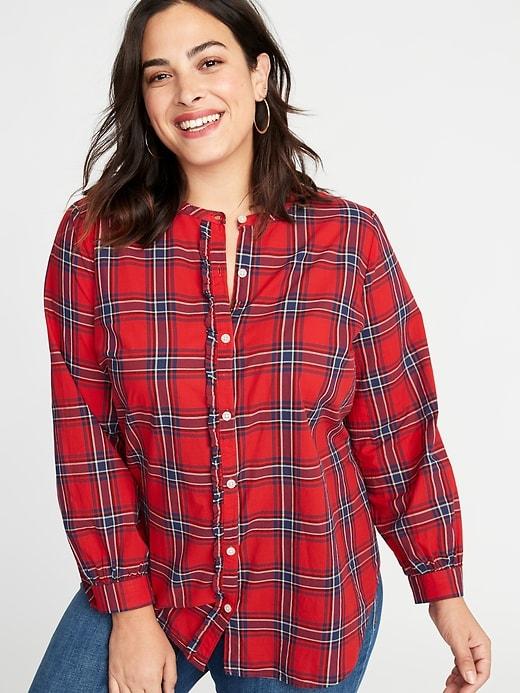 Old Navy Womens Relaxed Plaid Ruffle-trim Plus-size No-peek Shirt Red Plaid Size 2x