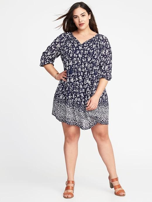 Old Navy Womens Boho Plus-size Tie-neck Swing Dress Navy Blue Print Size 1x