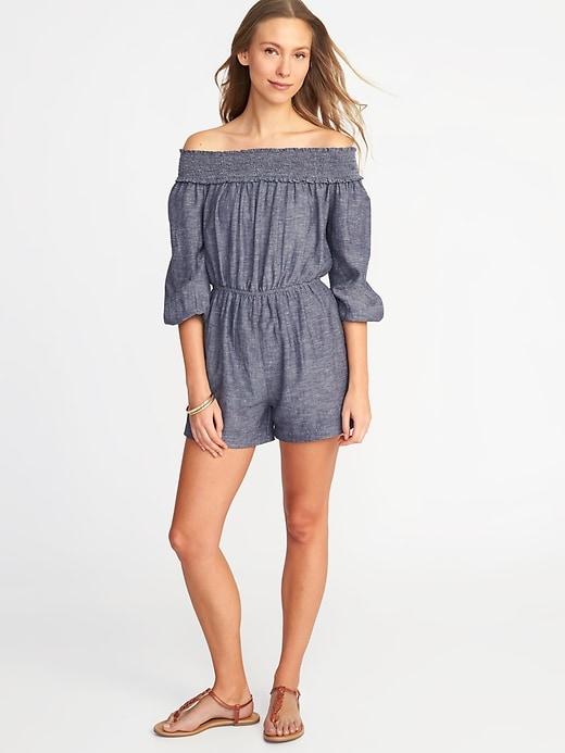 Old Navy Womens Off-the-shoulder Linen-blend Romper For Women Lost At Sea Navy Size L