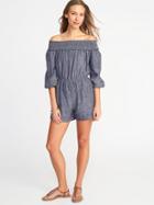 Old Navy Womens Off-the-shoulder Linen-blend Romper For Women Lost At Sea Navy Size L