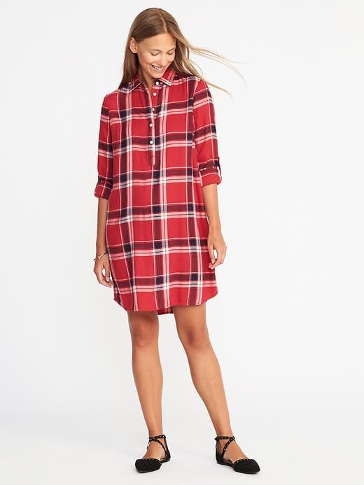 Old Navy Plaid Pullover Shirt Dress For Women - White/red Plaid