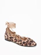Old Navy Sueded Lace Up Ghillie Flats For Women - Big Leopard