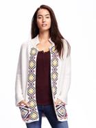 Old Navy Jacquard Open Front Cardi Coat For Women - White Multi